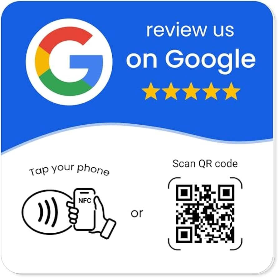 Review us on Google placard with an NFC tap target and QR code