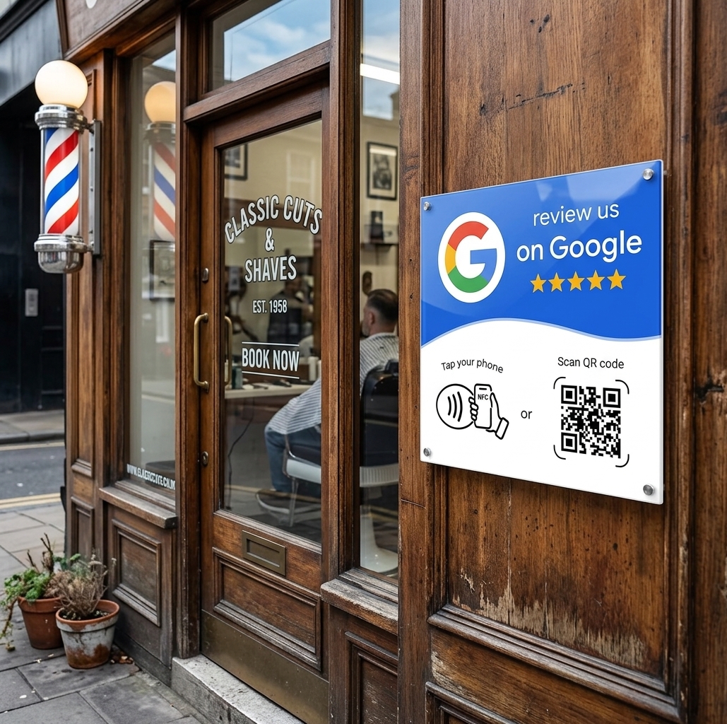 Google review placard mounted beside a barbershop door