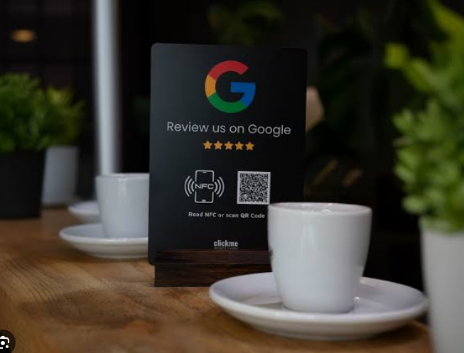 Google review placard on an outdoor bistro table