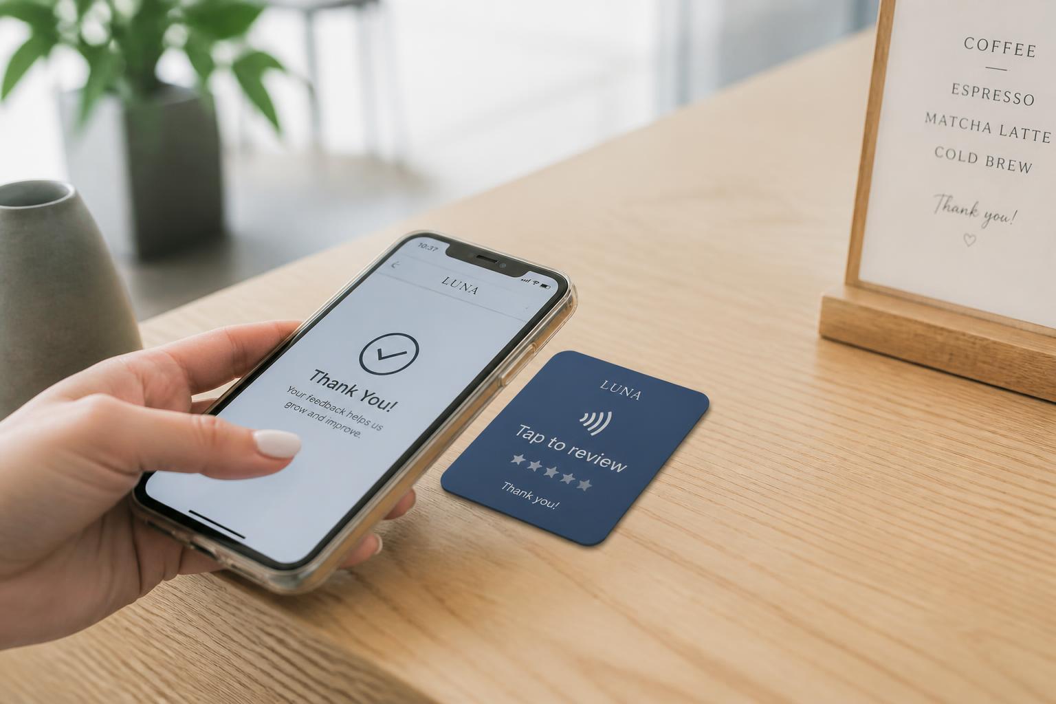 A customer tapping their smartphone on a TapRate NFC review card on a cafe counter