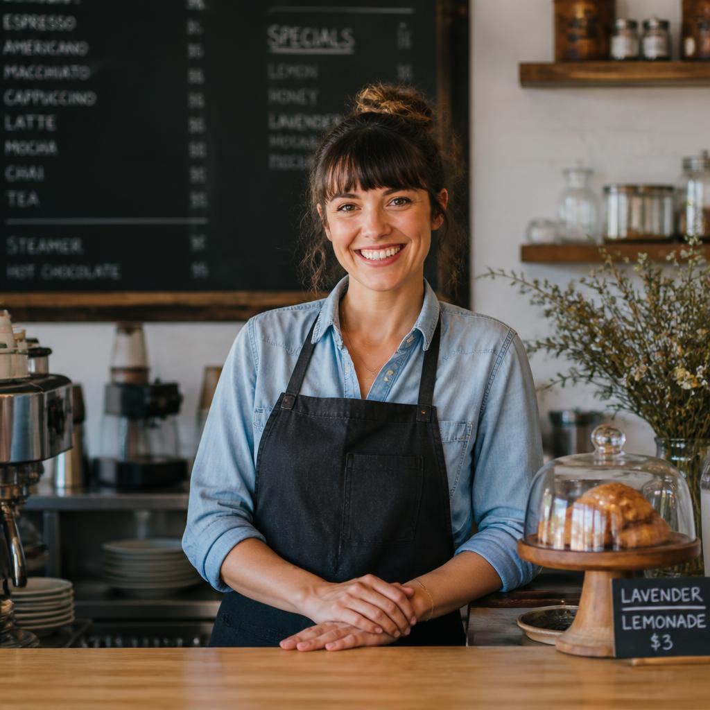 Smiling cafe owner behind the counter of her shop