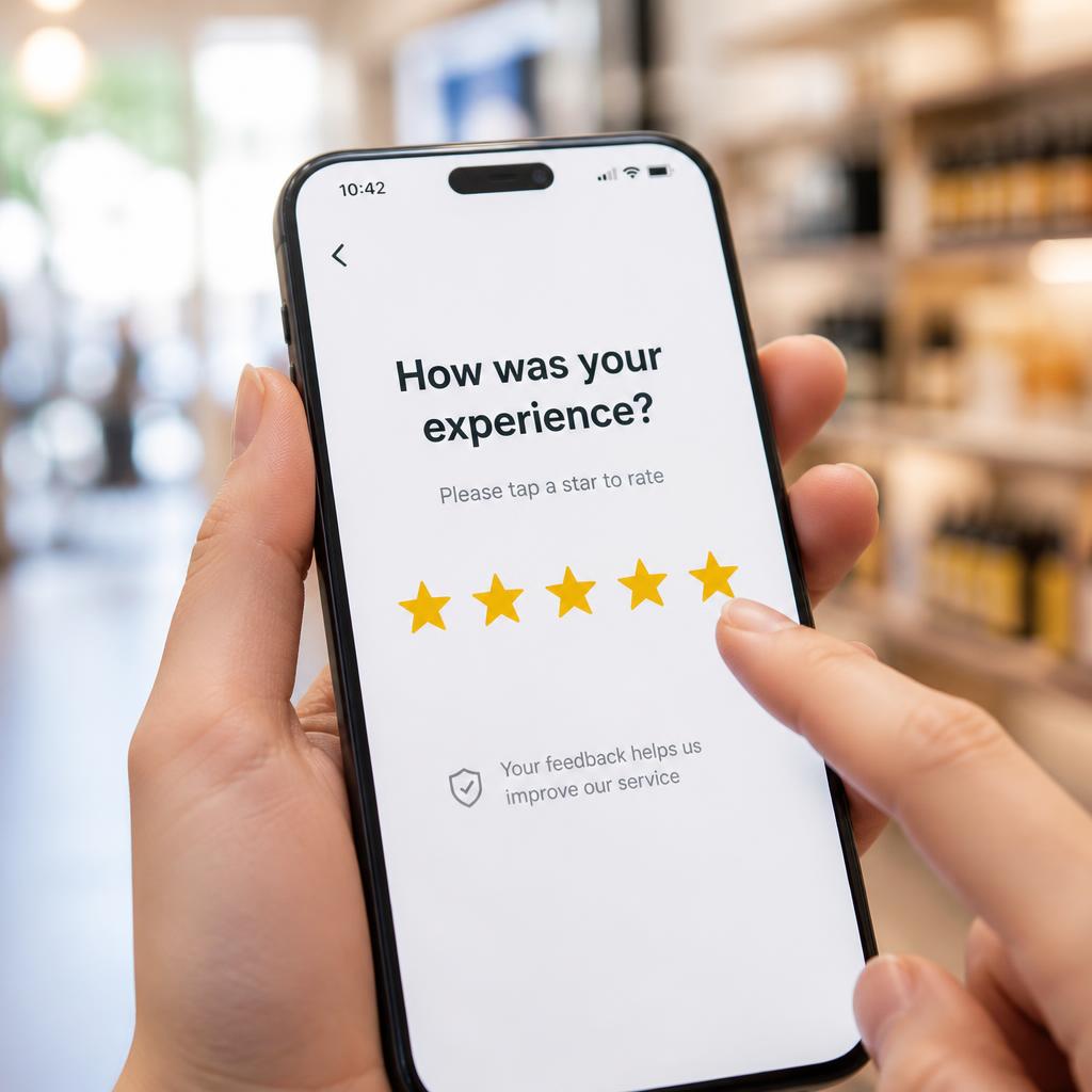 A phone showing a Google review star rating screen ready to tap