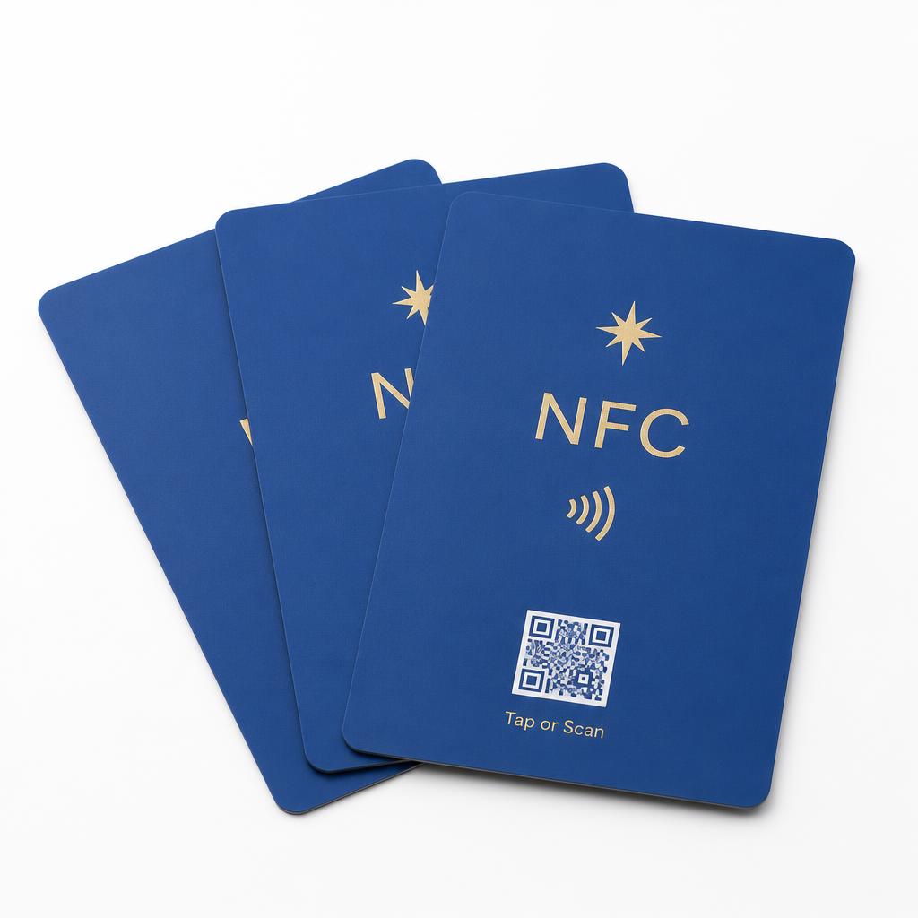 Three matte blue TapRate NFC review cards with gold star detail and a QR code