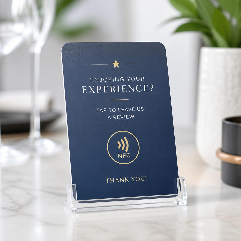 A TapRate NFC review card mounted in a clear acrylic table stand on a restaurant table